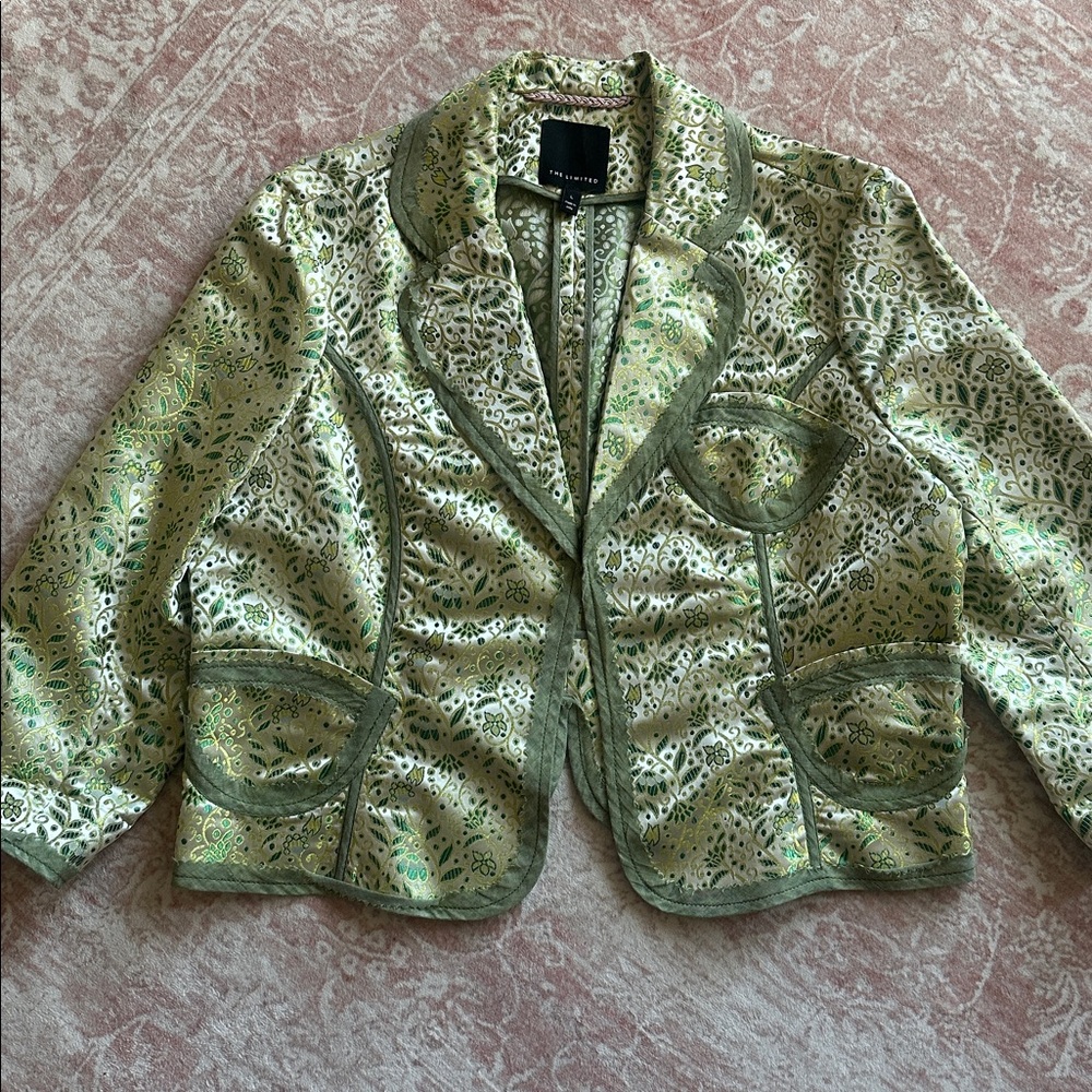 The Limited Sage Green and Cream Brocade Cropped Blazer